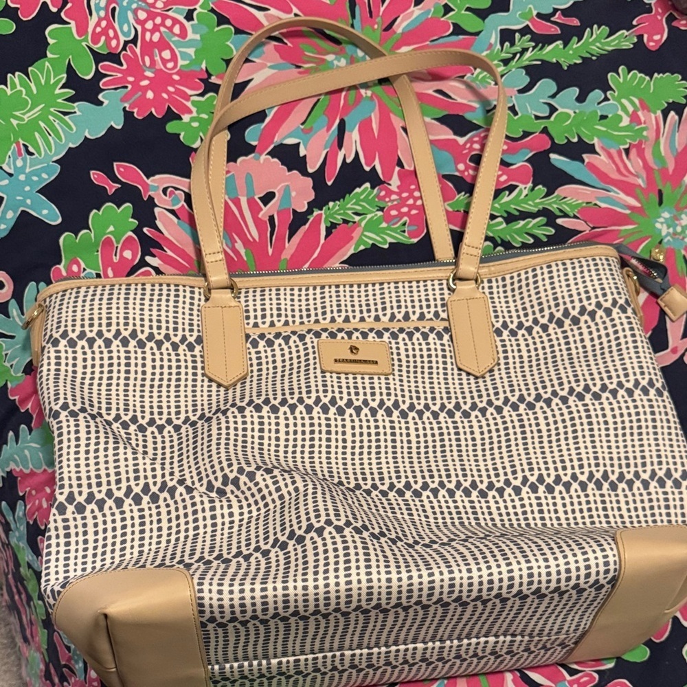 Spartina 449 Navy and Cream Patterned Tote with Tan Trim